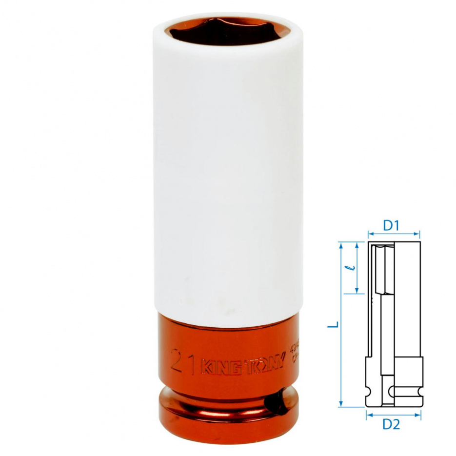 Головка торцевая ударная глубокая 1/2", 21 мм, тонкостенная, пластиковая защита KING TONY 494521MX
